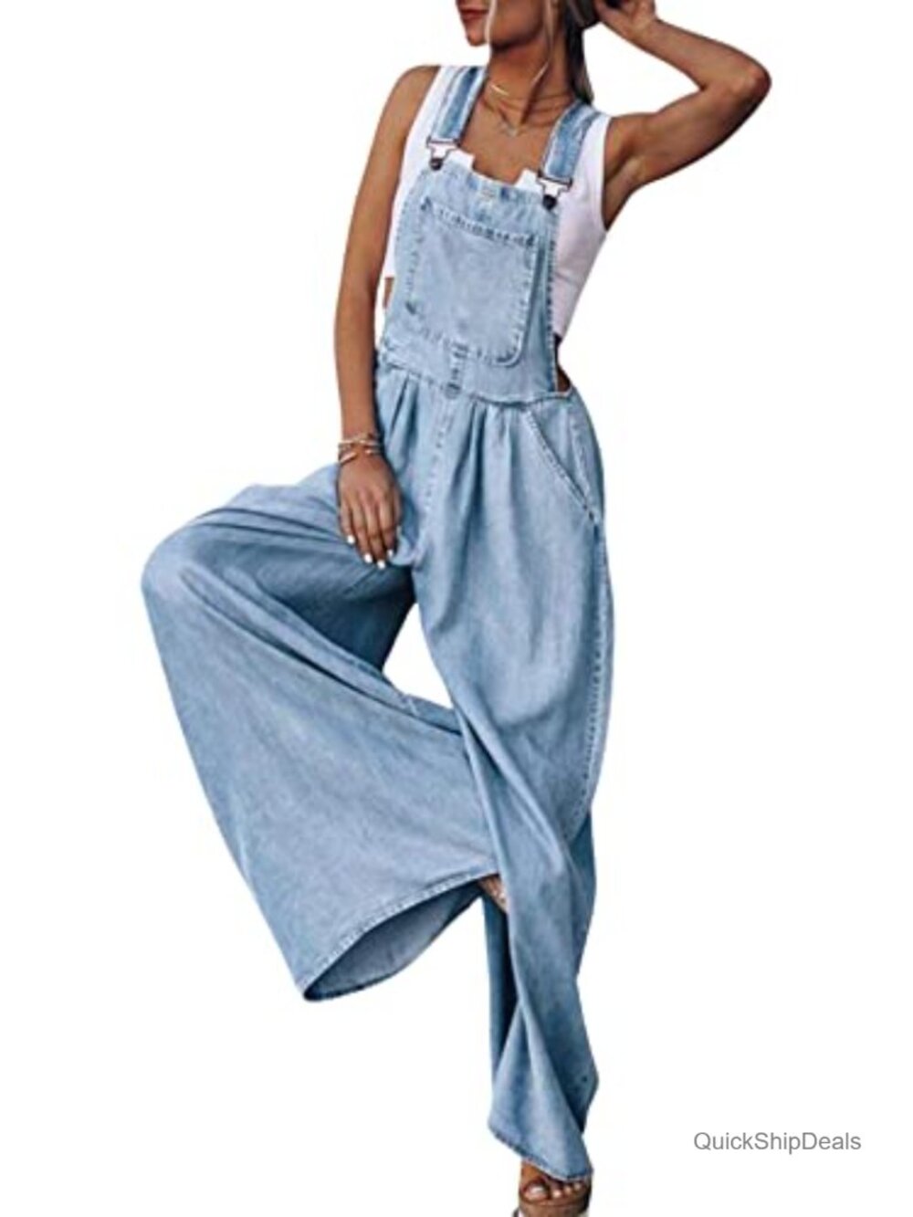 Women's Casual Ripped Adjustable Denim Overalls Baggy Wide Leg Bib Pants